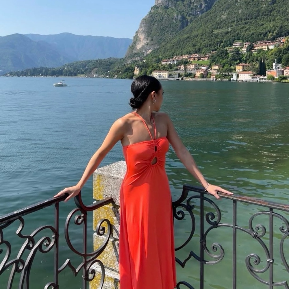 Sincerely Jules Bright Orange Halter Flowy Slinky midi dress